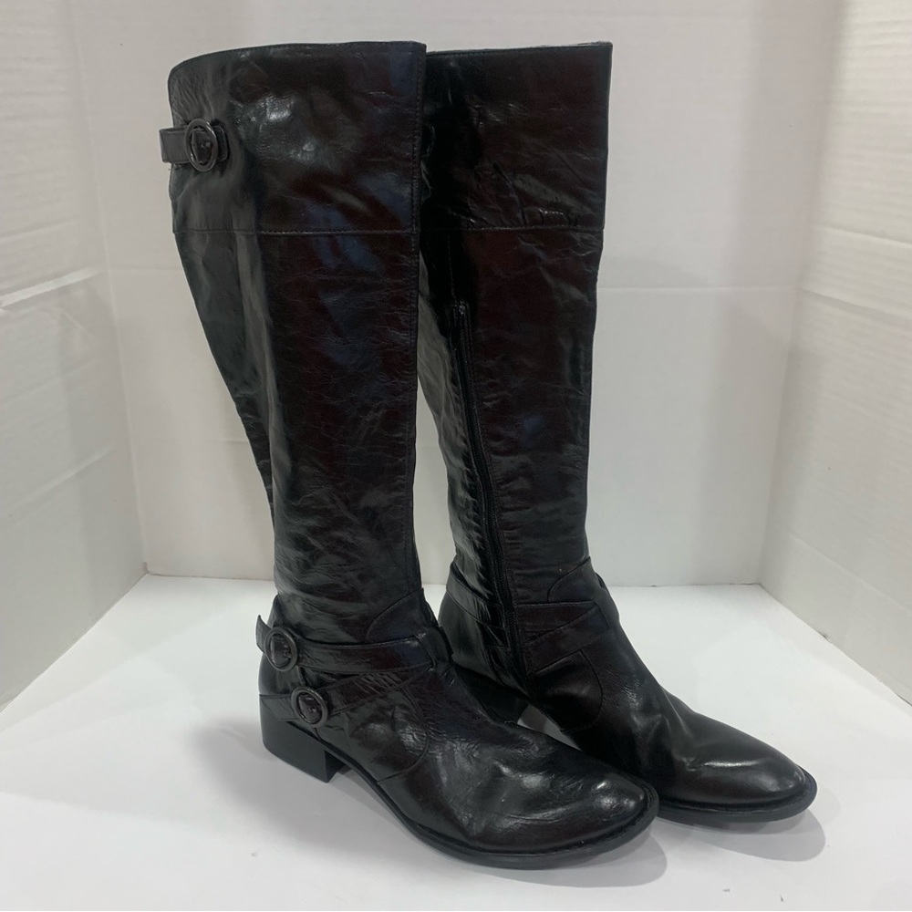 BORN CROWN brand tall black boots size 11.5 (43.5) leather, buckle accents